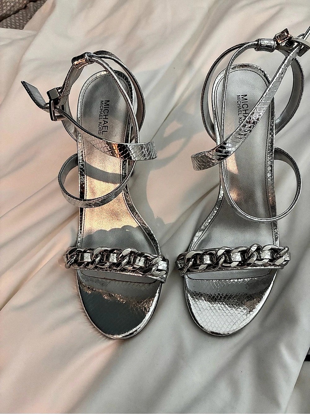 Michael Kors Silver Chain Accent 4in heels - like new